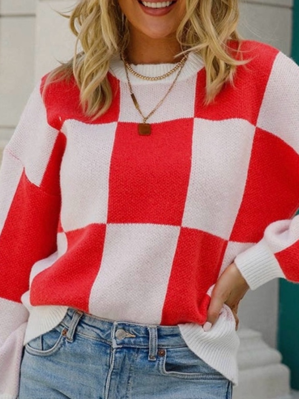 Red and White Checkerboard Knit Sweater - Picture 3 of 6